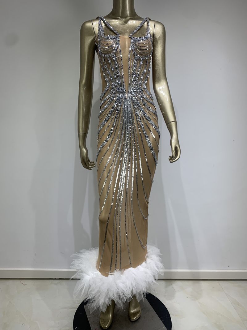 Costumes & Accessories Shiny Rhinestone Sequined Suspender Dress Club Nightclub Female Singer Performance Costume_voghion.com