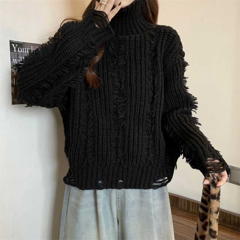 Maglione lavorato a maglia caldo in stile coreano con nappe strappate e collo alto ispirato al design per donna, autunno/inverno 2024_voghion.com