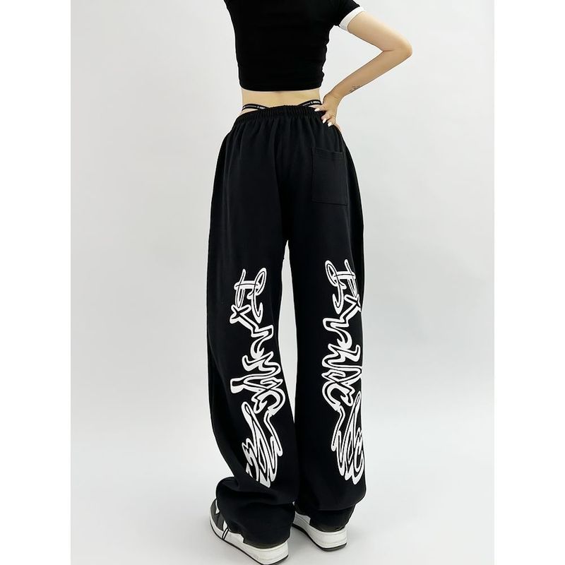 Women's Clothing Retro Design Street Straight Wide Leg Jazz Hot Girl Sports Casual Pants Loose Printed Flower Cuff Sweatpants_voghion.com