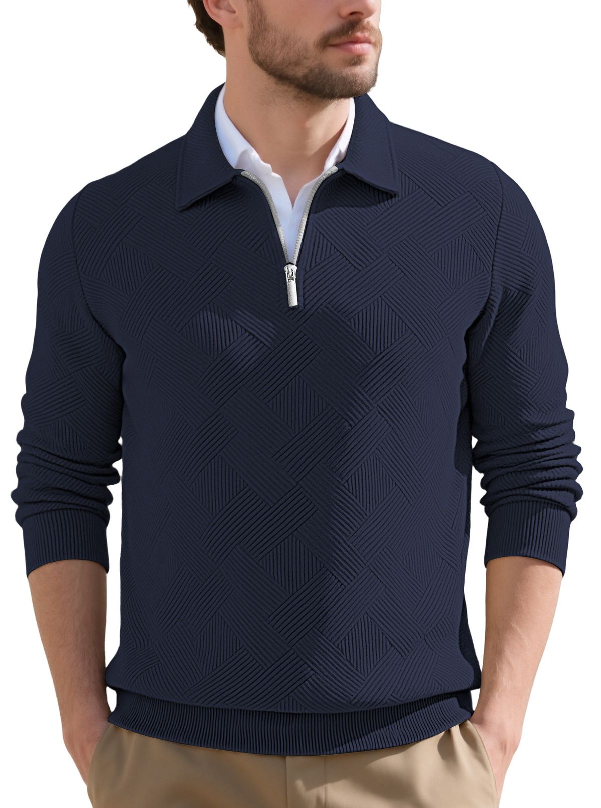 Men's Autumn Retro Jacquard Half-Zip Pullover Sweatshirt - Slim Fit Long Sleeve Casual Crewneck For Urban Style_voghion.com