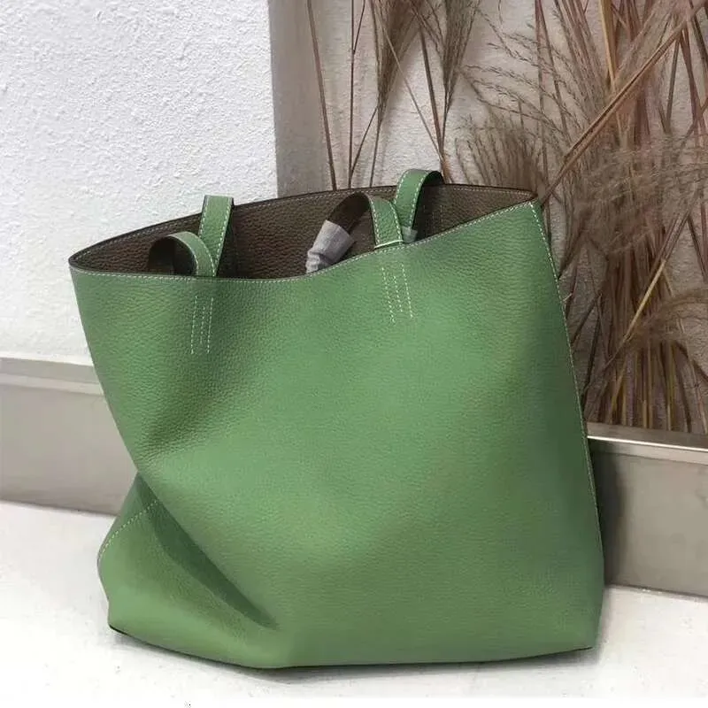 Designer Leather Shoulder Women's 2025 Summer New Double-Sided Shopping First-Layer Cowhide Large-Capacity Tote Bag_voghion.com