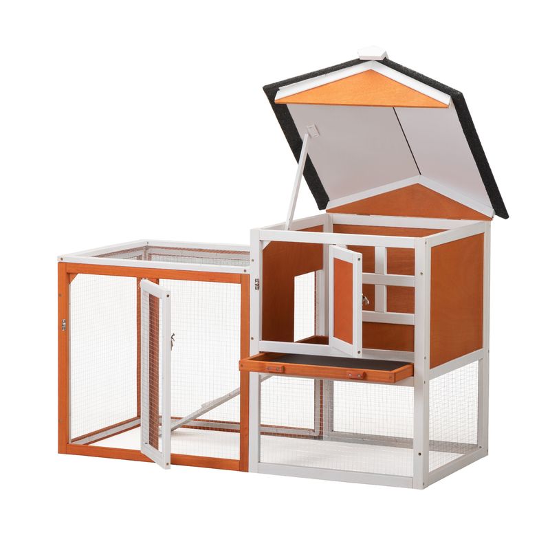 2-Story Wooden Rabbit Hutch Bunny Cage, Chicken Coop, Pet House for Small Animals, Orange + White_voghion.com