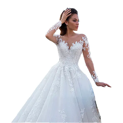 Vestido de novia para mujer, vestido de novia nuevo con escote en V y cola grande, vestido de novia retro sexy de tul con mangas largas_voghion.com