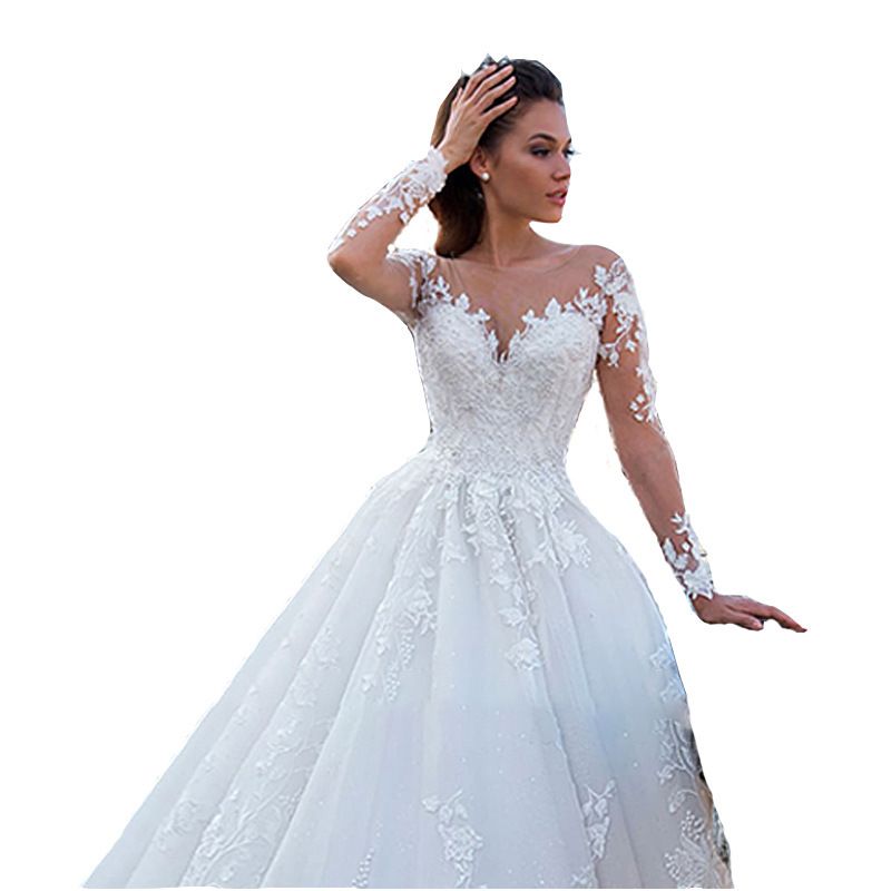 Îmbrăcăminte pentru femei rochie de mireasă cu decolteu în V rochie de mireasă nouă cu coadă mare rochie de mireasă retro sexy din tul cu mâneci lungi_voghion.com
