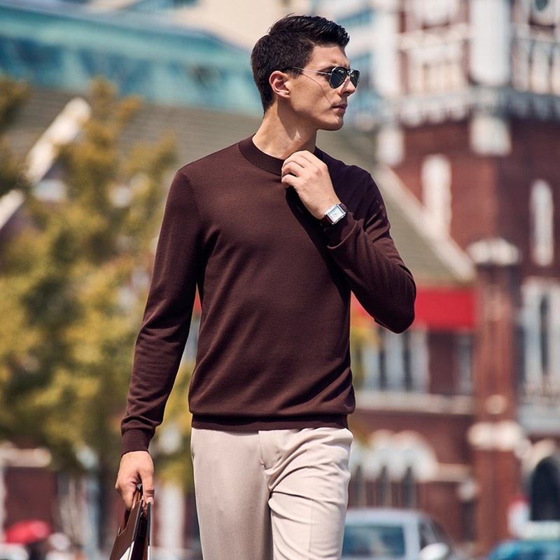 Maglione a collo alto da uomo in lana pettinata T-Spun di alta qualità per la primavera e l'autunno, maglia di base da uomo in maglia lavabile in lavatrice_voghion.com