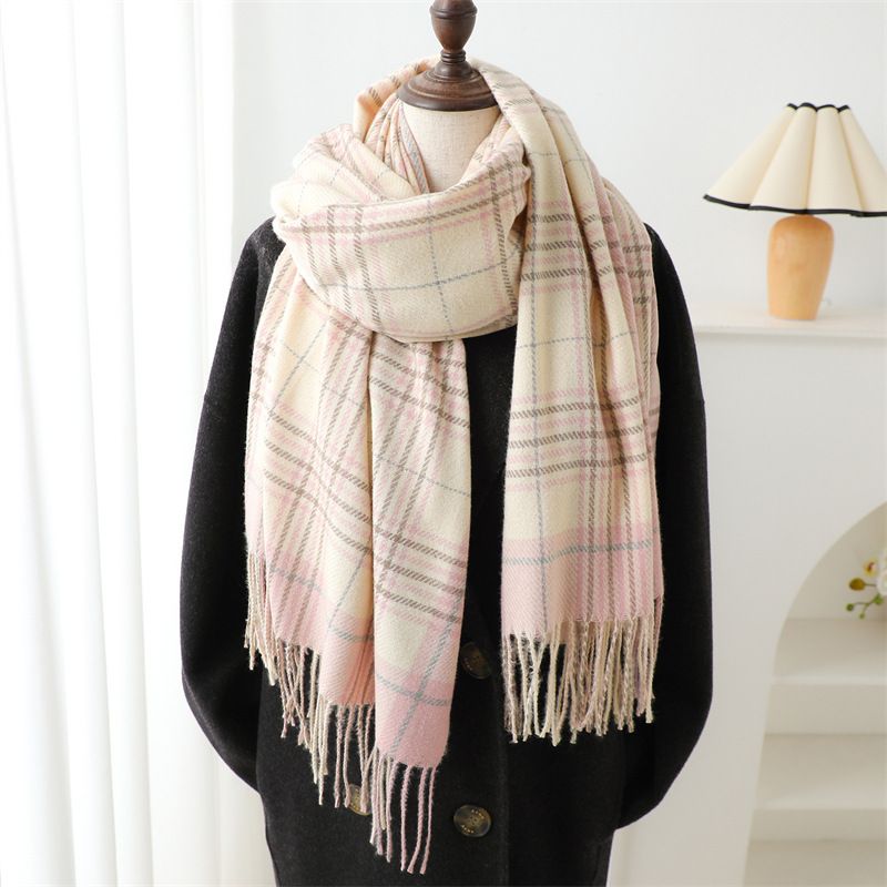 New plaid cashmere scarf autumn and winter simple and versatile warm scarf women's thickened fringed shawl_voghion.com