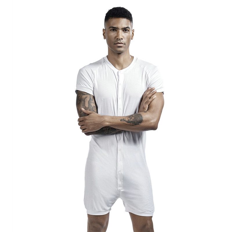 Pigiama siamese da uomo, tuta intera, abbigliamento per la casa, super elastico e confortevole, con bottoni automatici, abbigliamento da notte da uomo, magliette tinta unita_voghion.com