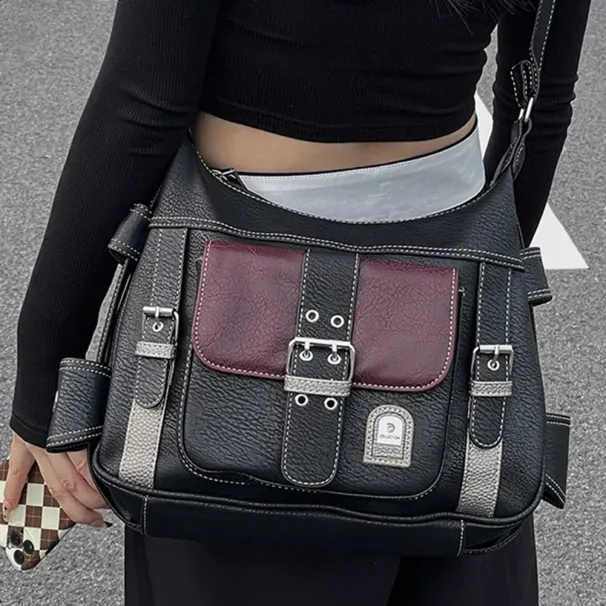 Borsa a tracolla retrò casual di grande capacità per ragazze, tasche multiple, colore a contrasto Y2K, per viaggi e shopping 240902_voghion.com