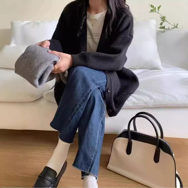 【 Kaşmir Ailesi 】 V yakalı yün hırka ceket kadın, Kore versiyonu, bol kesim, büyük beden, kalın örgü kazak_voghion.com