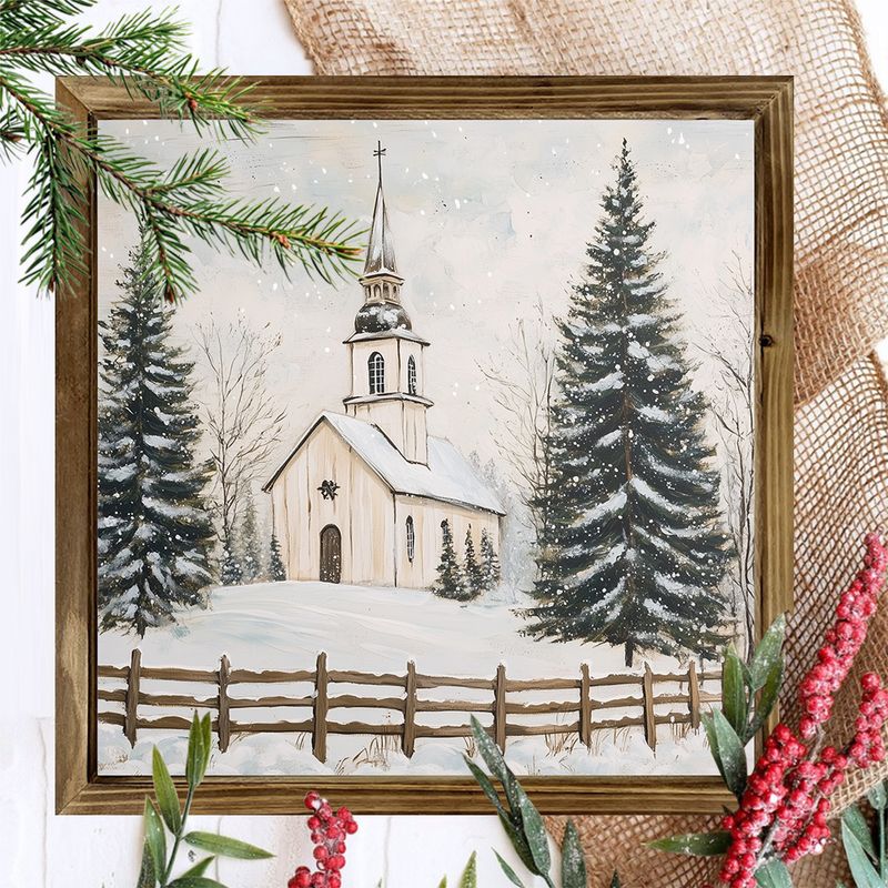 Letrero rústico de madera de 20x20 cm con la frase "Iglesia en la nieve" - Arte mural rústico, perfecto para salas de estar u oficinas. Regalo ideal para las fiestas._voghion.com