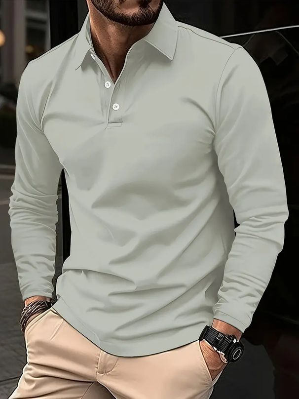 2024 Spring and Autumn Polo Shirt New Fashionable Collar Three Button Long Sleeve Solid Color Men's Top_voghion.com