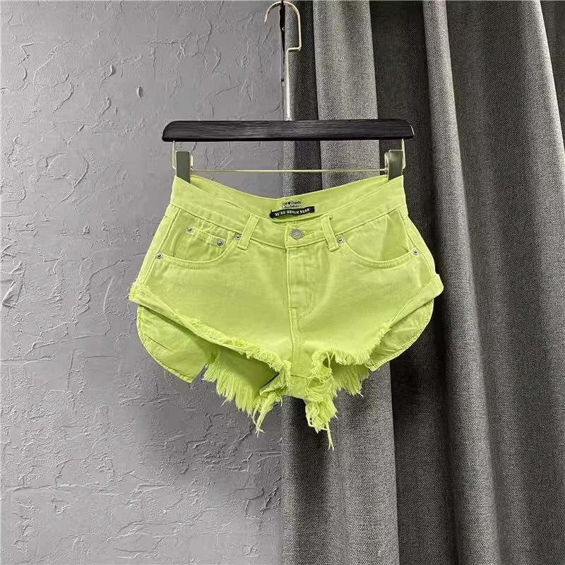 2025s 2025 New Summer Fashion Personality Fruit Green Denim Women's Sexy Low Waist Wide Leg A-line Shorts_voghion.com