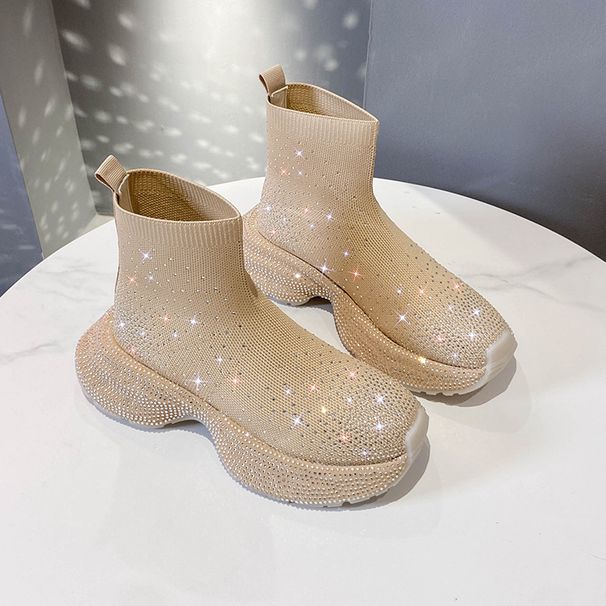 Women's Knitted Sock Boots With Rhinestones, Thick Sole Slip-On Sneakers, Breathable Elastic High-Top Booties For Summer Spring Fall_voghion.com