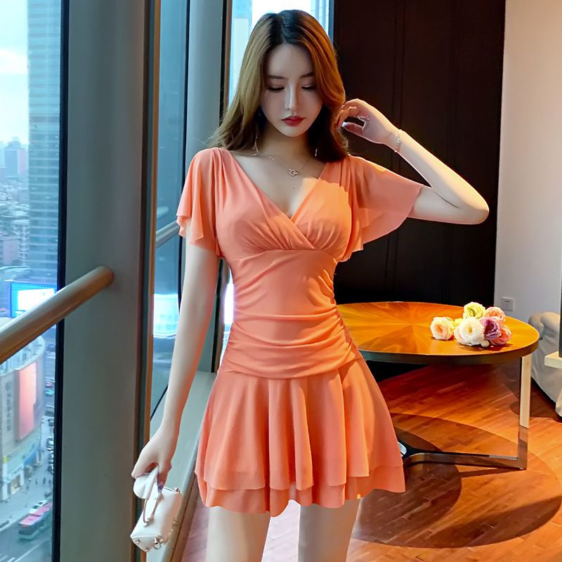 18YX11642023 Pure Desire Wind V-neck Mesh Bottom Short Sleeve Waist Swing Dress_voghion.com