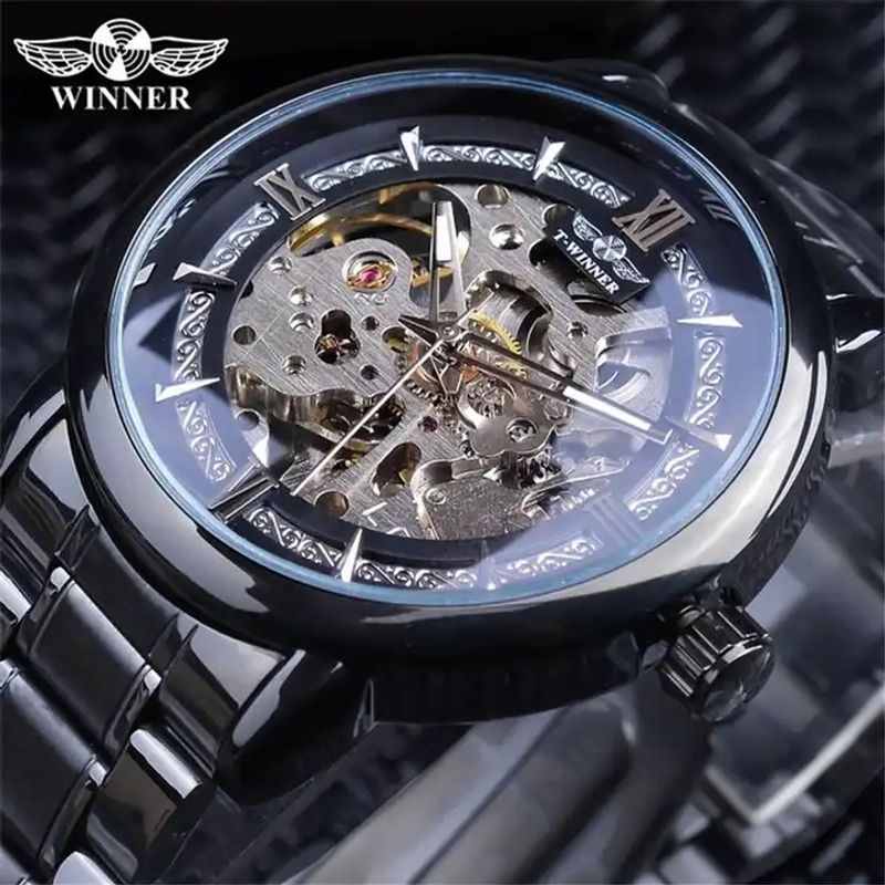 Winner Mechanical Automatic Skeleton Wristwatches Steel Band Golden Gear Movement Transparent Case Watches Men Waterproof Watch_voghion.com