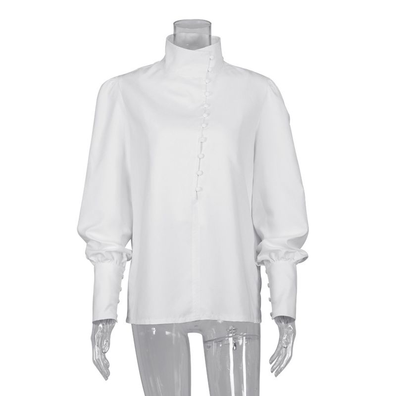 Camicia bianca professionale da donna a maniche lunghe con colletto rialzato in stile cinese, pendolarismo, moda casual_voghion.com