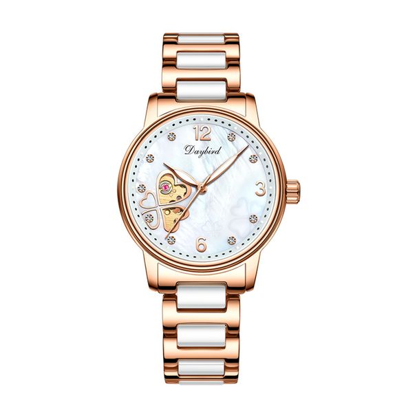 Nuevo reloj de señora, mecánico, ahuecado, luminoso, de cerámica, con trébol de cuatro hojas, resistente al agua._voghion.com