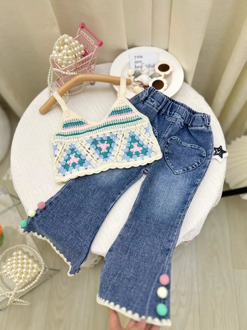 Kids Clothing dopamine knitted suspenders plus creative love jeans suit_voghion.com