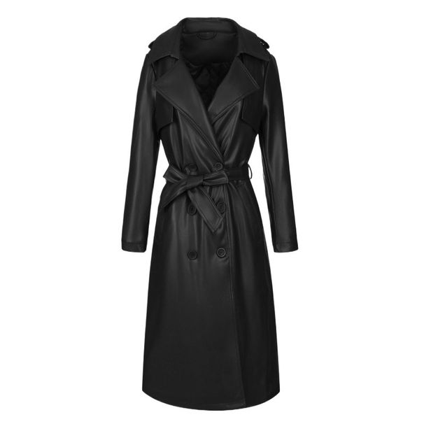 Sobretudo feminino trench coat de poliuretano com abotoamento duplo – cinto ajustável e bainha estendida (XS-XL, preto/marrom)_voghion.com