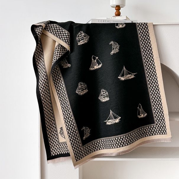 Autumn and winter classic solid color sailboat print double-sided two tone women's  cashmere warm scarf simple_voghion.com