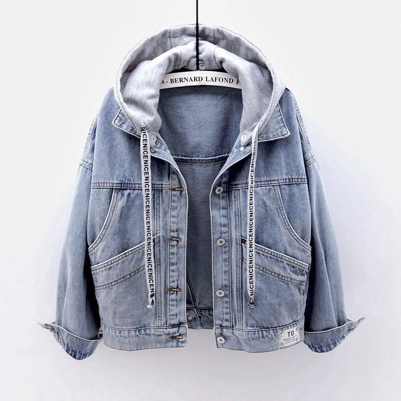Giacca di jeans per studentesse, stile coreano, cappotto corto largo, giacca con cappuccio a maniche lunghe, multi-tasche, top coordinati, autunno e inverno_voghion.com
