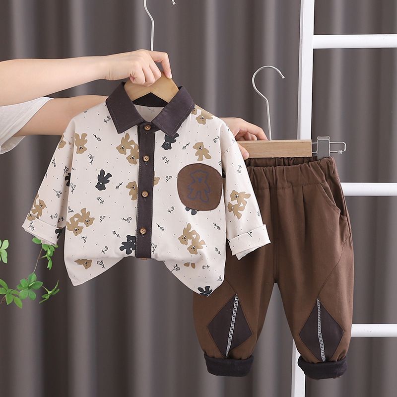 Boys' outfit 2024 new handsome children's shirt jacket casual pants two-piece set baby autumn clothes_voghion.com