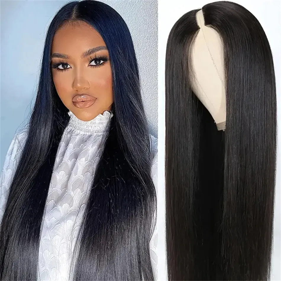 Parrucca dritta con parte a V, capelli umani, densità 180%, colore naturale, capelli brasiliani al 100% vergini_voghion.com