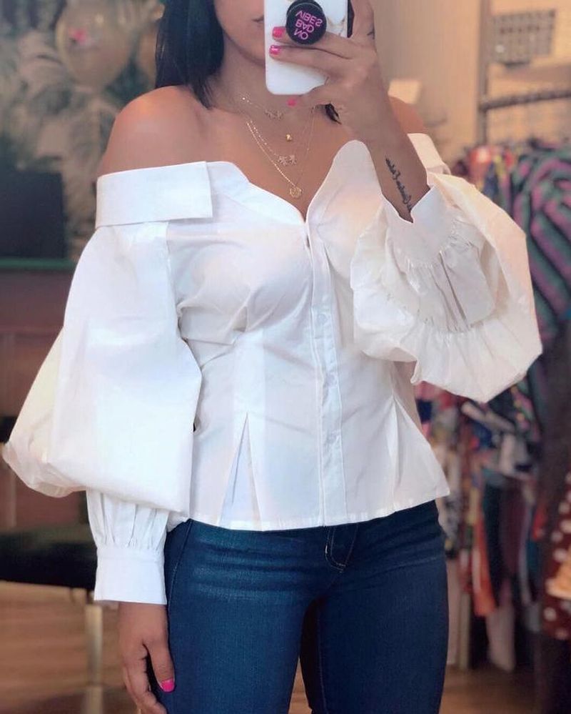 Spot black off-shoulder one-shoulder lantern sleeve shirt_voghion.com