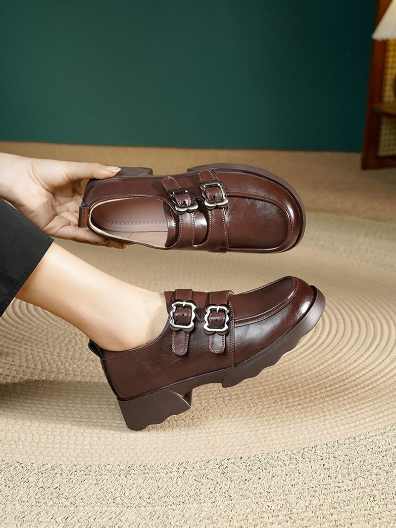 Mocassins femininos autênticos de 2025, sola grossa, sapatos de couro com aumento de altura, estilo britânico_voghion.com
