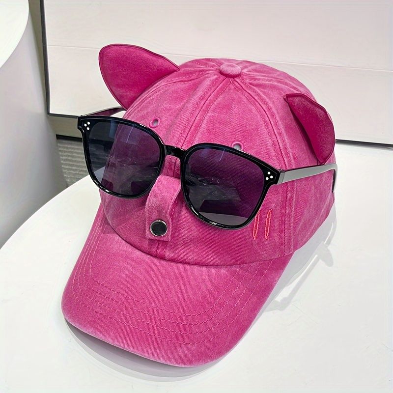 Urocza czapka baseballowa z ozdobnymi uszami kota i oczami, pasująca do ubrań, odpowiednia na wiosnę i lato._voghion.com