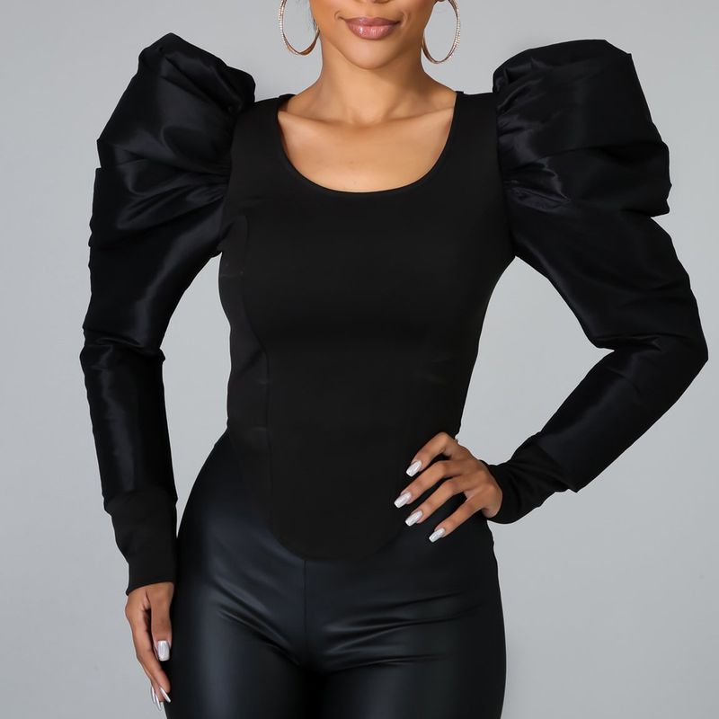 Top corto da donna di nicchia dal design aderente a maniche lunghe con maniche a sbuffo_voghion.com