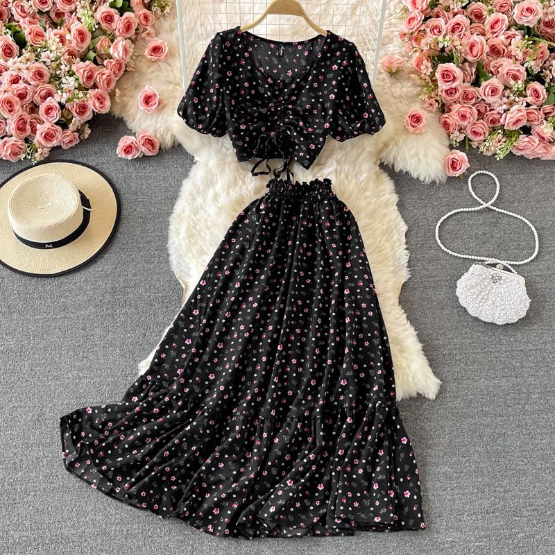 Falda de cintura alta para mujer, estilo línea A, con estampado floral, fresca, de dos piezas, para verano_voghion.com