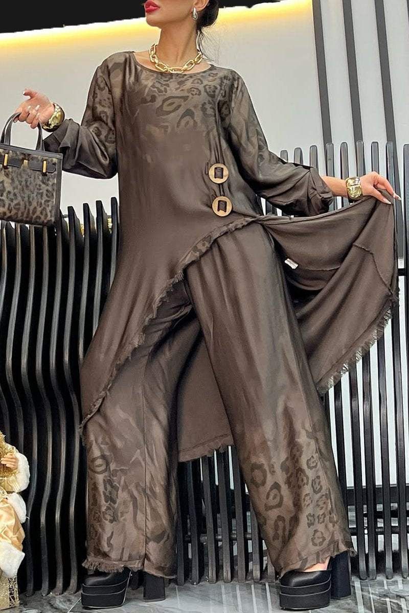 Vêtements pour femmes Hauts amples à imprimé léopard irréguliers Costume décontracté Pantalon à jambe large_voghion.com
