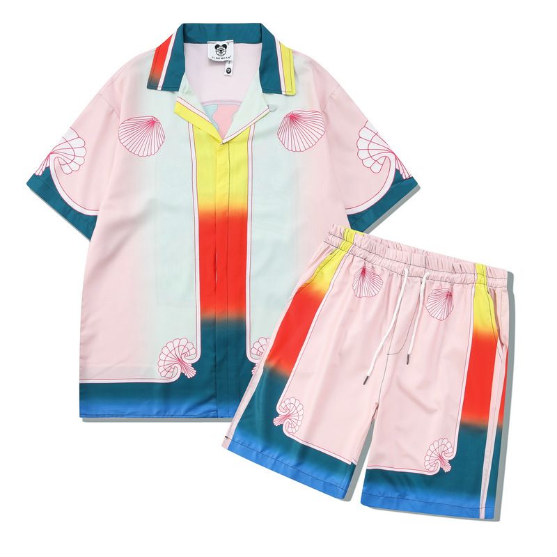 Îmbrăcăminte bărbătească, cămașă florală, costum retro, stil rustic, imprimeu complet, cămașă casual, cardigan, pantaloni scurți, asortați_voghion.com