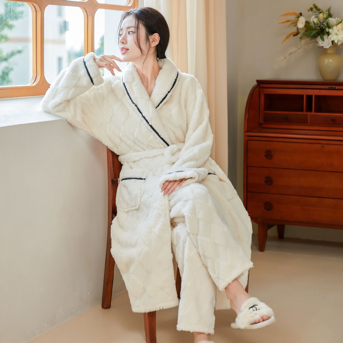 Unisex Long Flannel Robe Set With Jacquard Pattern - Cozy Fleece Bathrobe For Winter & Autumn, Home Loungewear With Open Front Design_voghion.com