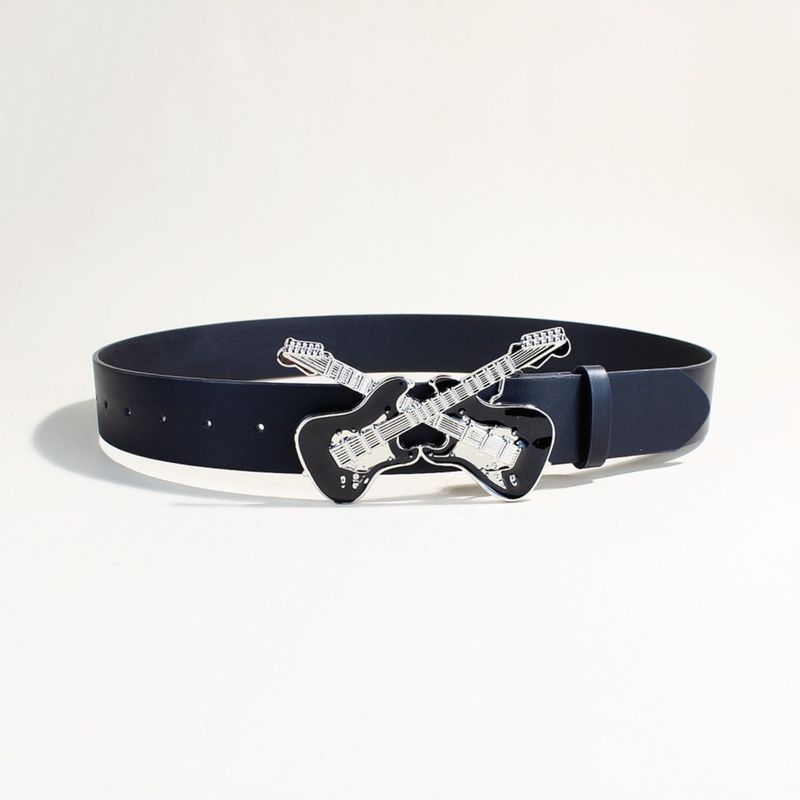 Cinturón de jeans para mujer - Hebilla ajustable de guitarra | Cinturón informal y elegante para pantalones y faldas (71-102 cm, negro/marrón)_voghion.com
