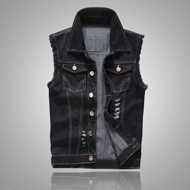 Men's New Version of the Slim Vest Holes in the Denim Vest Jacket Waistcoats_voghion.com