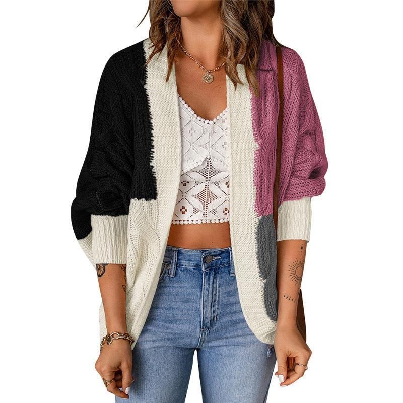 Women's Clothing Contrast Color Shawl Autumn and Winter New Color Matching Knitted Cardigan Sweater Outer_voghion.com