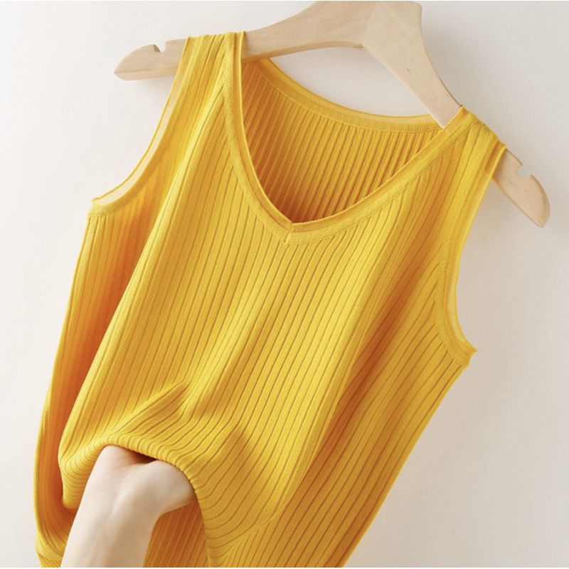 Canotta estiva in maglia di seta blu ghiaccio con cinturino interno, da donna, casual, versatile, senza maniche e con base per abito_voghion.com