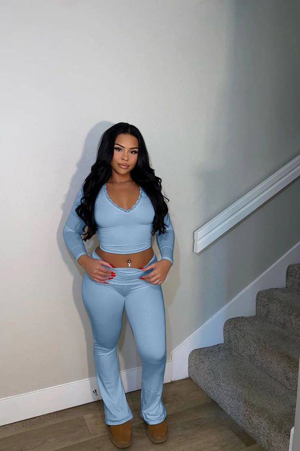 Women's Clothing spring new long sleeved lace V neck short top high waist trousers casual home suit _voghion.com