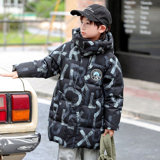 Chaqueta larga de plumón para madre e hijos, abrigo de invierno cálido con capucha, relleno de 90% plumón de pato blanco, exterior de poliéster suave y cortavientos, estampado de letras moderno y holgado._voghion.com