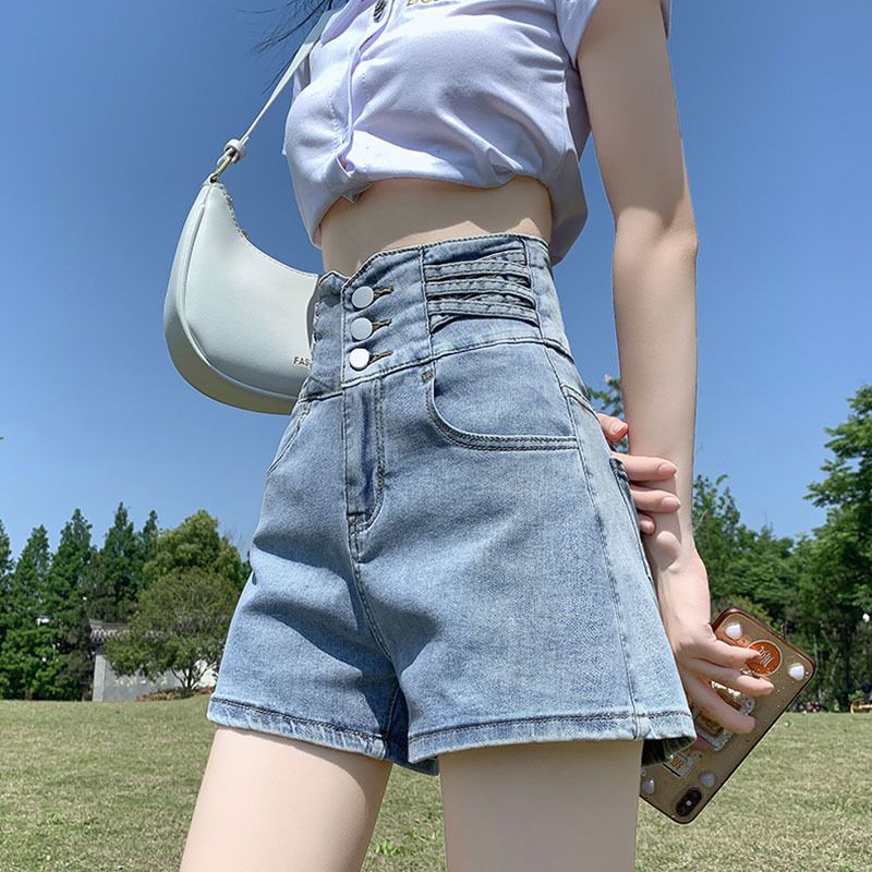 Shorts jeans femininos de cintura alta e elásticos versáteis 2025, novo design de três fileiras de botões e corte A, para mulheres_voghion.com