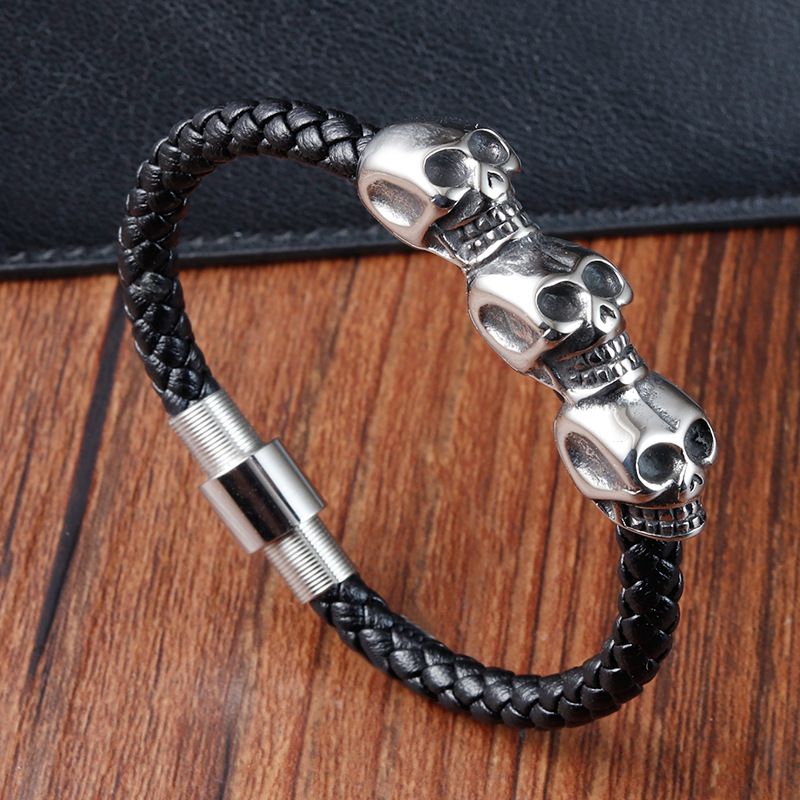 Bracciale da uomo creativo punk alla moda con teschio in acciaio inossidabile, chiusura magnetica, pelle intrecciata, testa di fantasma L20197_voghion.com