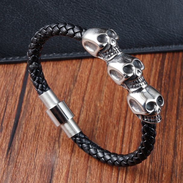 Bracciale da uomo creativo punk alla moda con teschio in acciaio inossidabile, chiusura magnetica, pelle intrecciata, testa di fantasma L20197_voghion.com