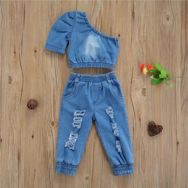 Mother&Kids Girls summer diagonal shoulder short-sleeved solid color denim jacket ripped trousers two-piece set_voghion.com