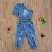 Mother&Kids Girls summer diagonal shoulder short-sleeved solid color denim jacket ripped trousers two-piece set_voghion.com