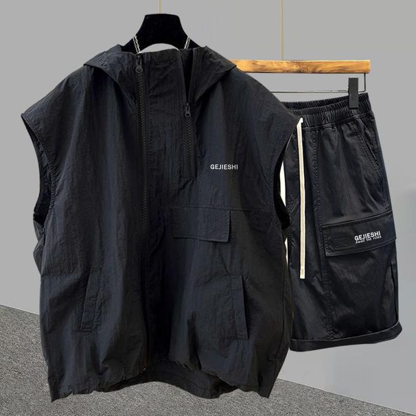 2025 Summer New Workwear Zipper Design Vest T-Shirt Men Korean Style Trendy Casual Two-Piece Set_voghion.com