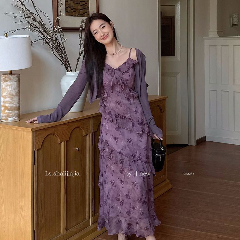 LS Shuzhi Robe longue à volants violette style français pour femme, nouvelle collection 2025, motif floral, résistante et confortable, 22228#_voghion.com