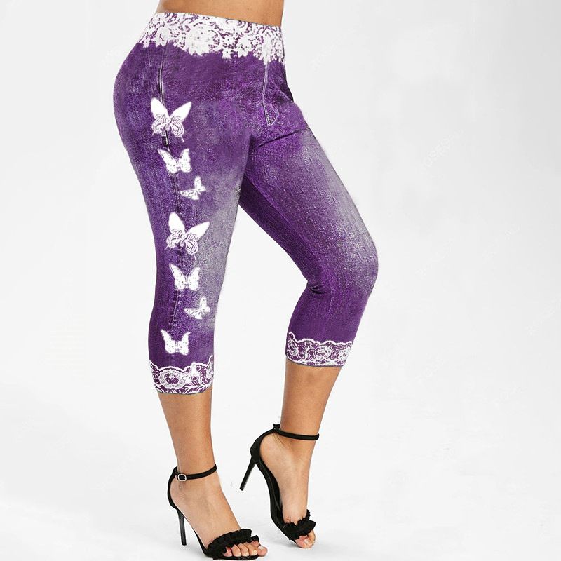 Women's fashion foreign trade elastic butterfly printed tight cropped pants female spot_voghion.com