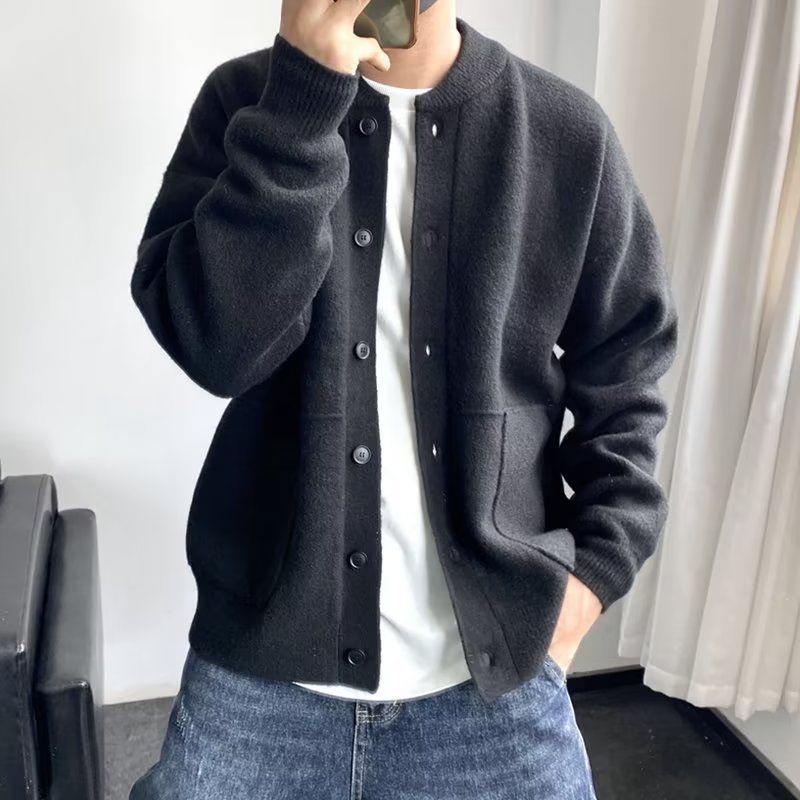 Herren Strickjacke, dicke Winterpulloverjacke, einfarbig, schlichtes Design_voghion.com